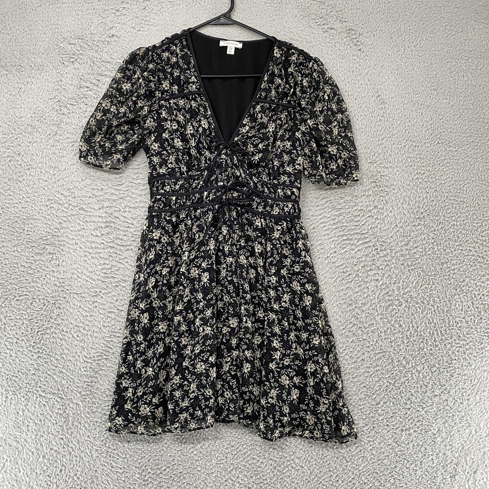 Topshop Dress Womens 8 Floral Puff Sleeve Fit Flare Whimsigoth Mini Ruffle Black